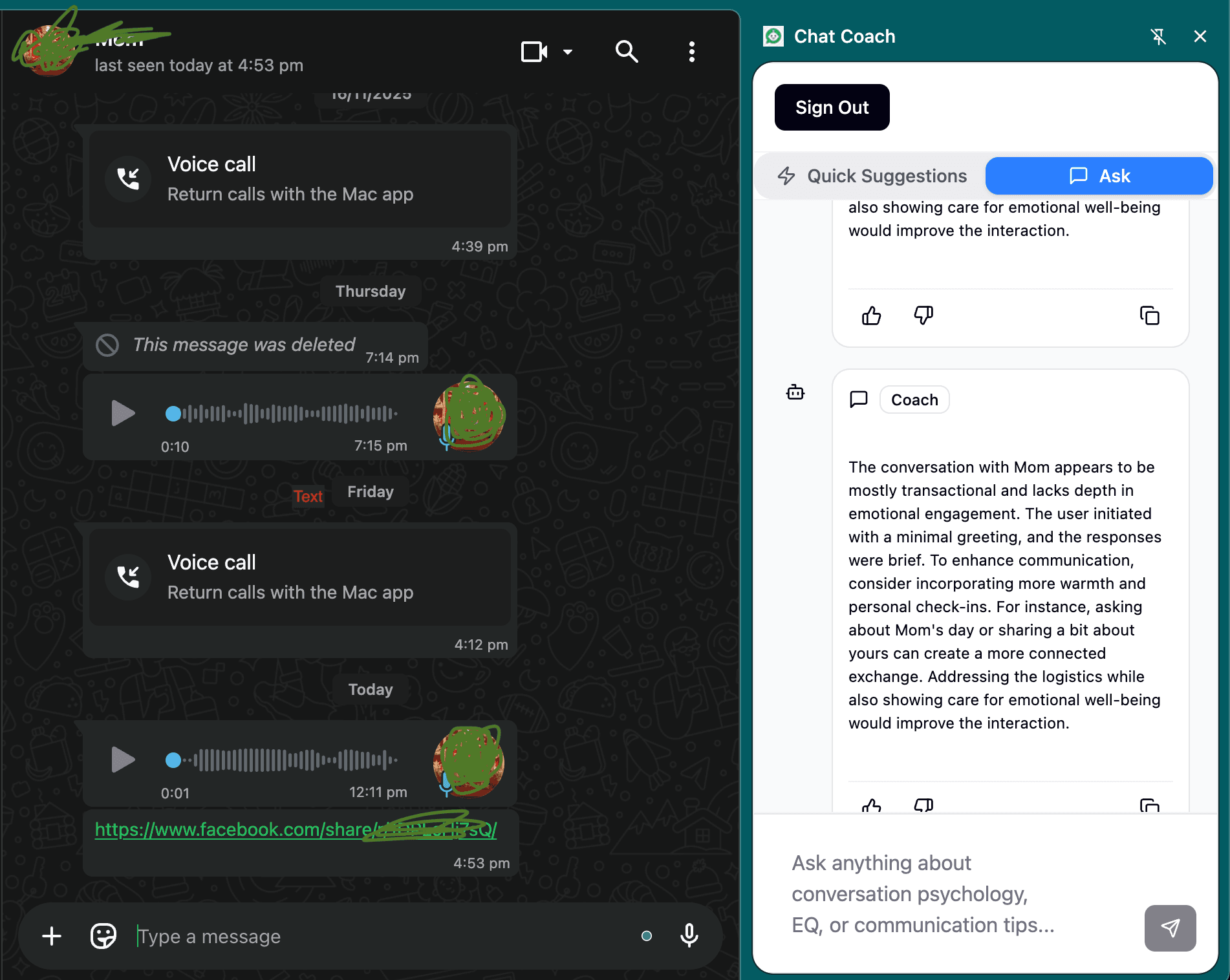 Chat Coach interface screenshot 2 showing real-time communication guidance