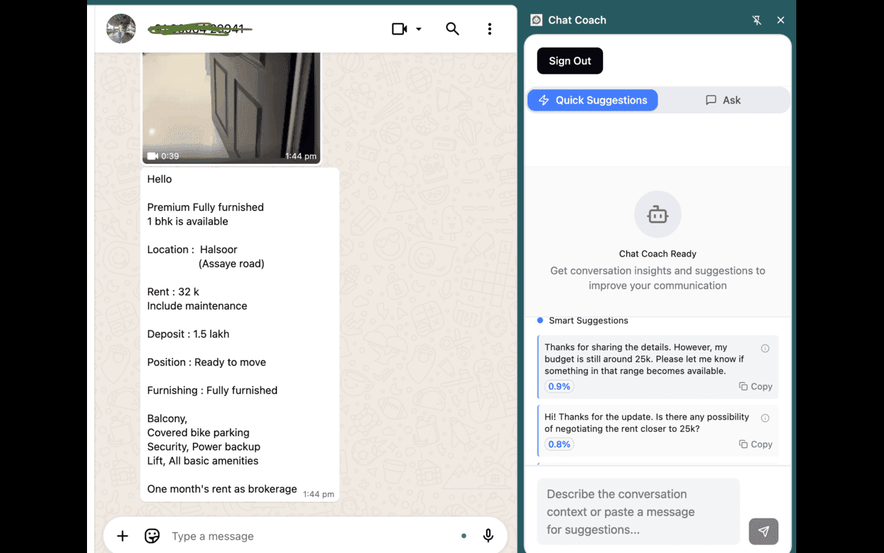 Chat Coach interface screenshot 3 showing real-time communication guidance