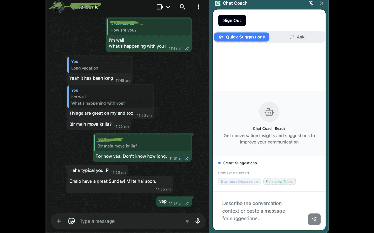 Chat Coach interface screenshot 4 showing real-time communication guidance